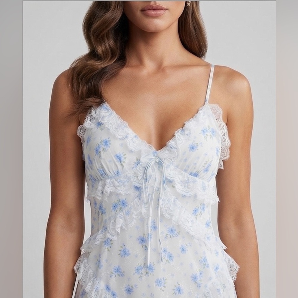 LAST ONE 🔥 Floral Chiffon Ruffle High-Low Maxi Dress Blue - Picture 2 of 11